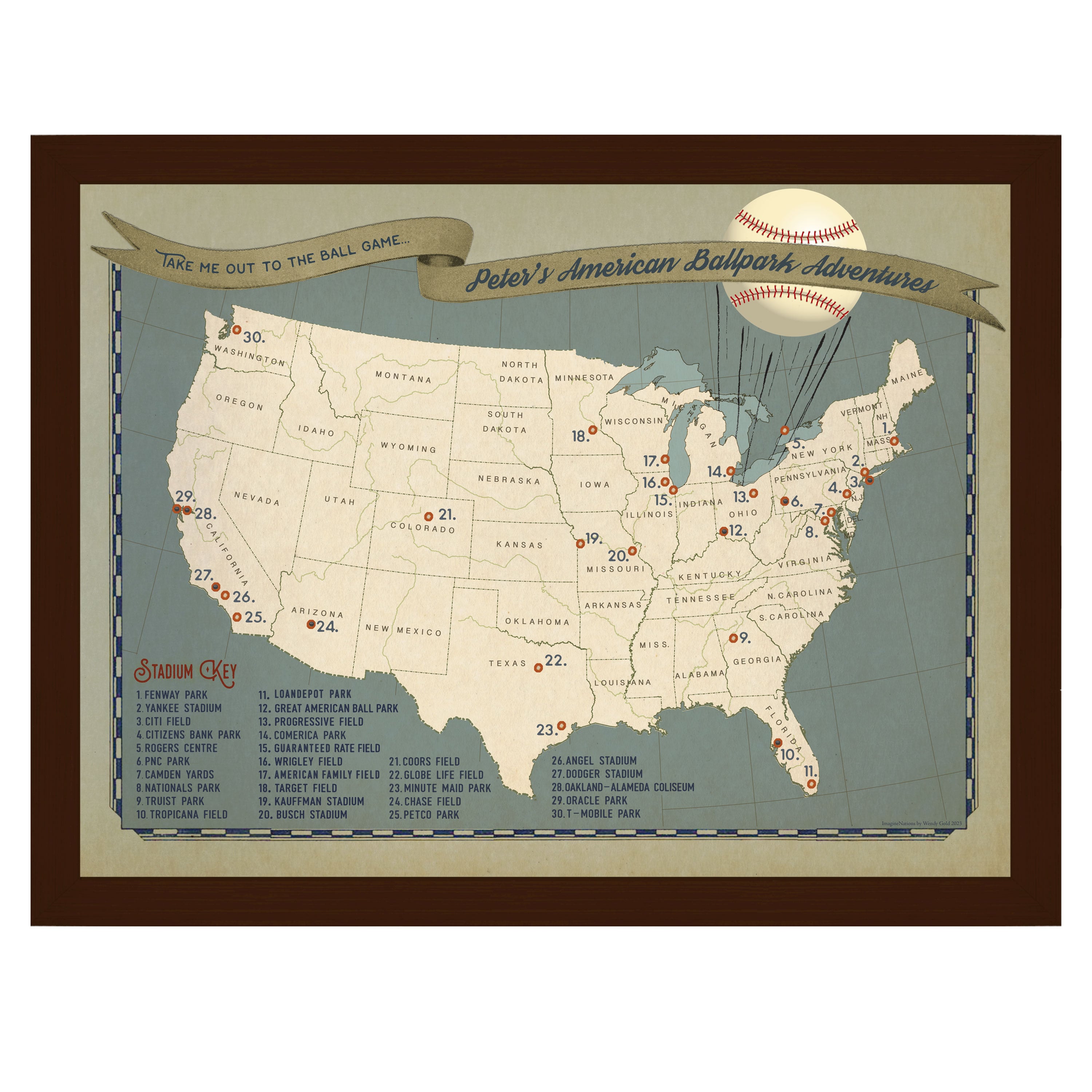 Baseball Stadiums Scratch Off Map, Team Colors of All American & National  Team Ballparks