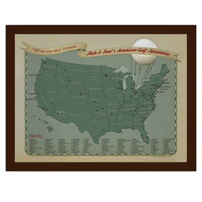 Top 100 US Golf Courses Push Pin Travel Map espresso brown frame