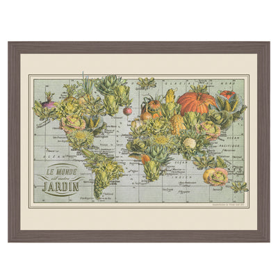 French Garden World Map Collage Art framed