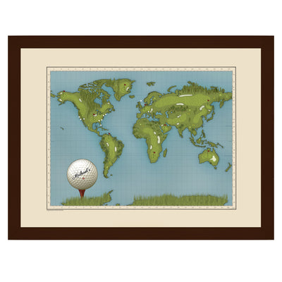 Personalized World Golf Travel Map with Pins framed
