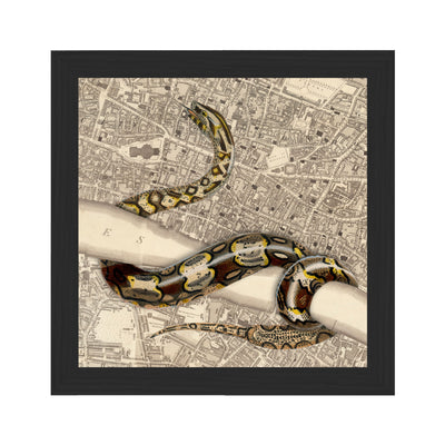 London Snake Collaged Map Art Print framed black