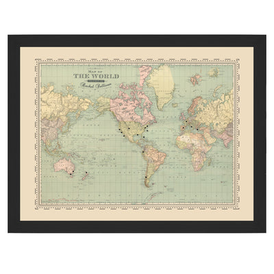 Personalized Vintage Map of the World Push Pin Map framed framed
