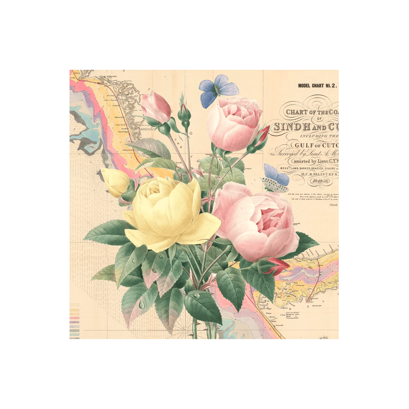 Pastel Bouquet Collaged Map Art Print | all:transparent