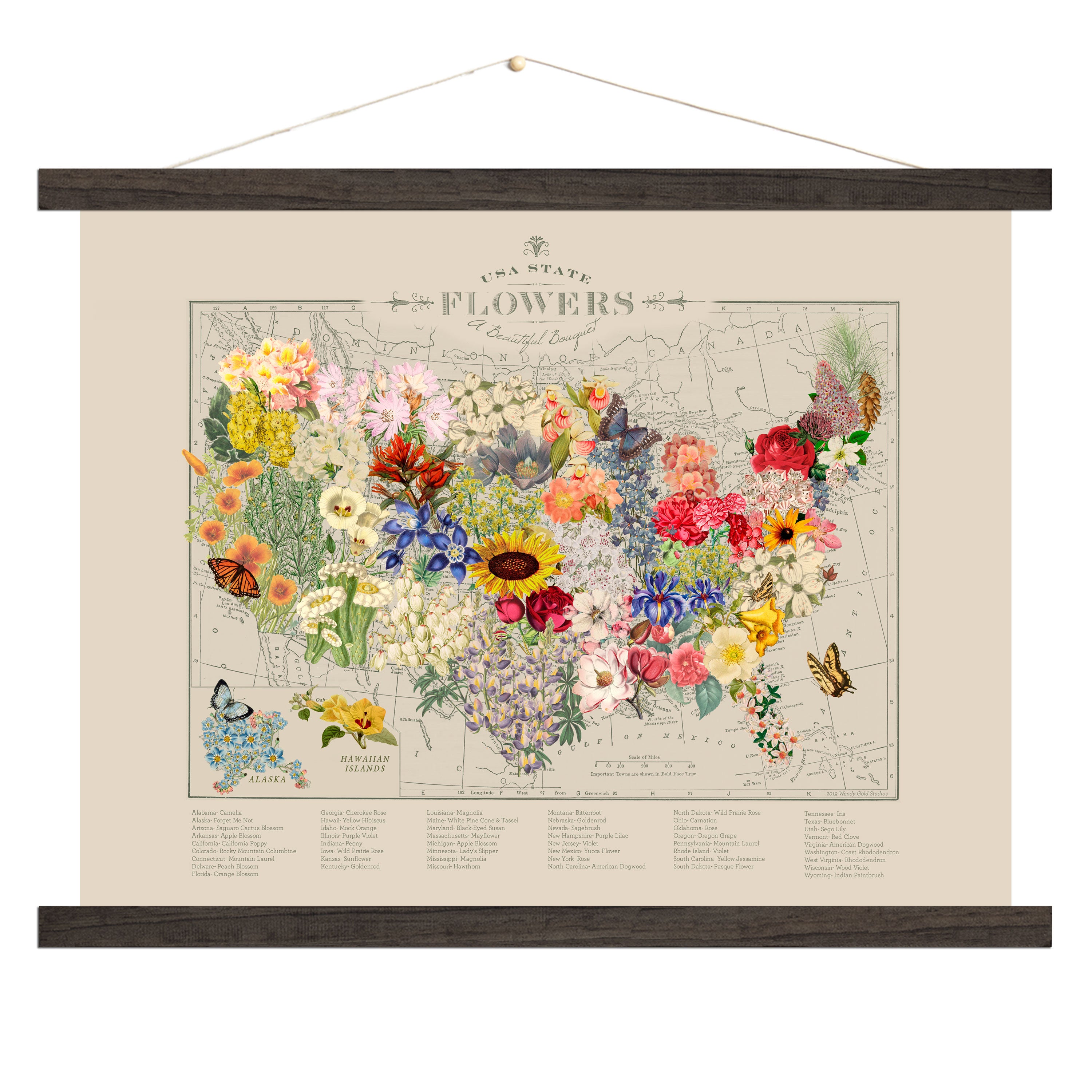 USA State Flowers Map Collage Art