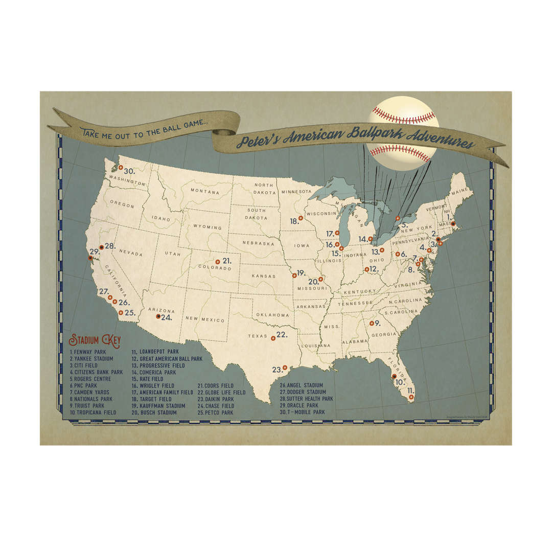125th ANNIVERSARY　USA BASEBALL MAP パズル Baseball Stadium Ballpark Push Pin Map | Wendy Gold