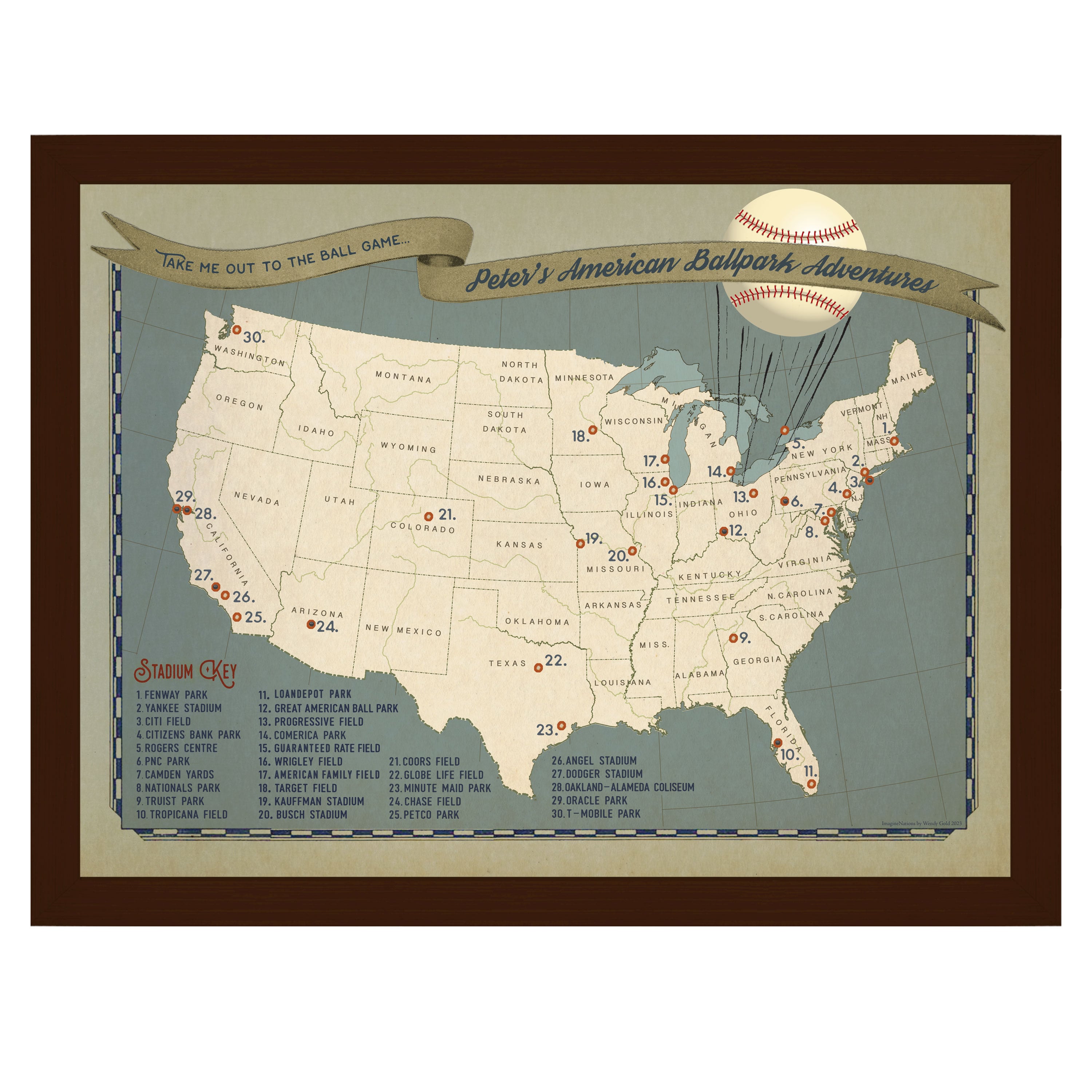 Pards Baseball Map Baseball Stadium Ballpark Push Pin Map | Wendy Gold
