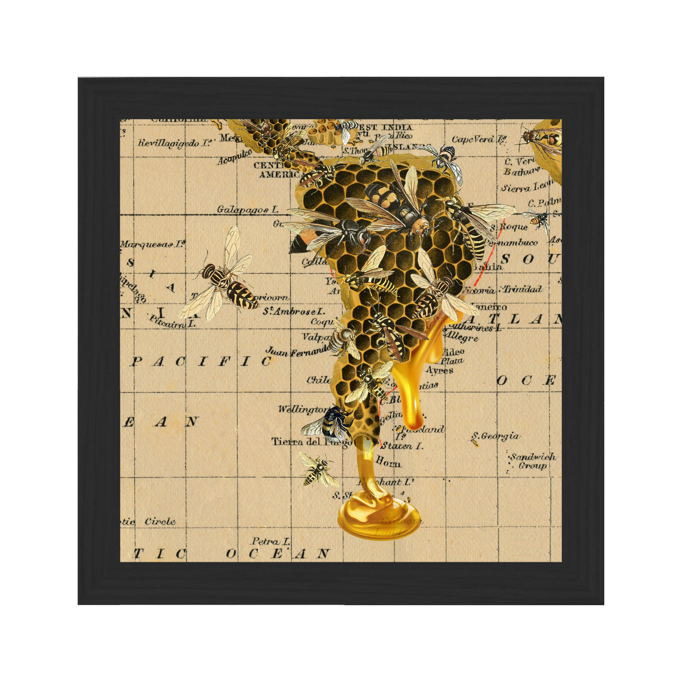 Bee Swarm Collaged Map Art Vignette