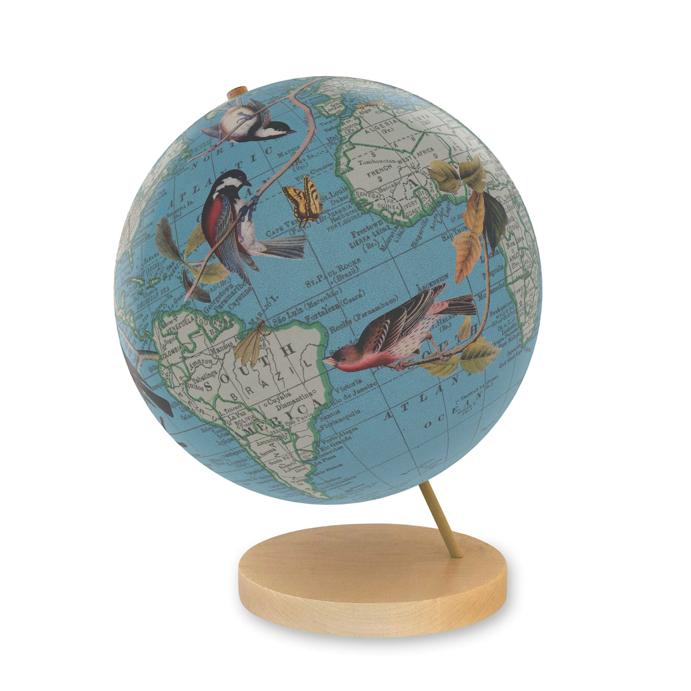 Birds of a Feather Collaged World Globe Art maple base