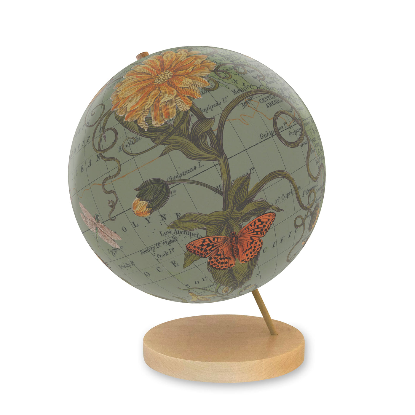 Botanical Delights Personalized World Globe Art maple base