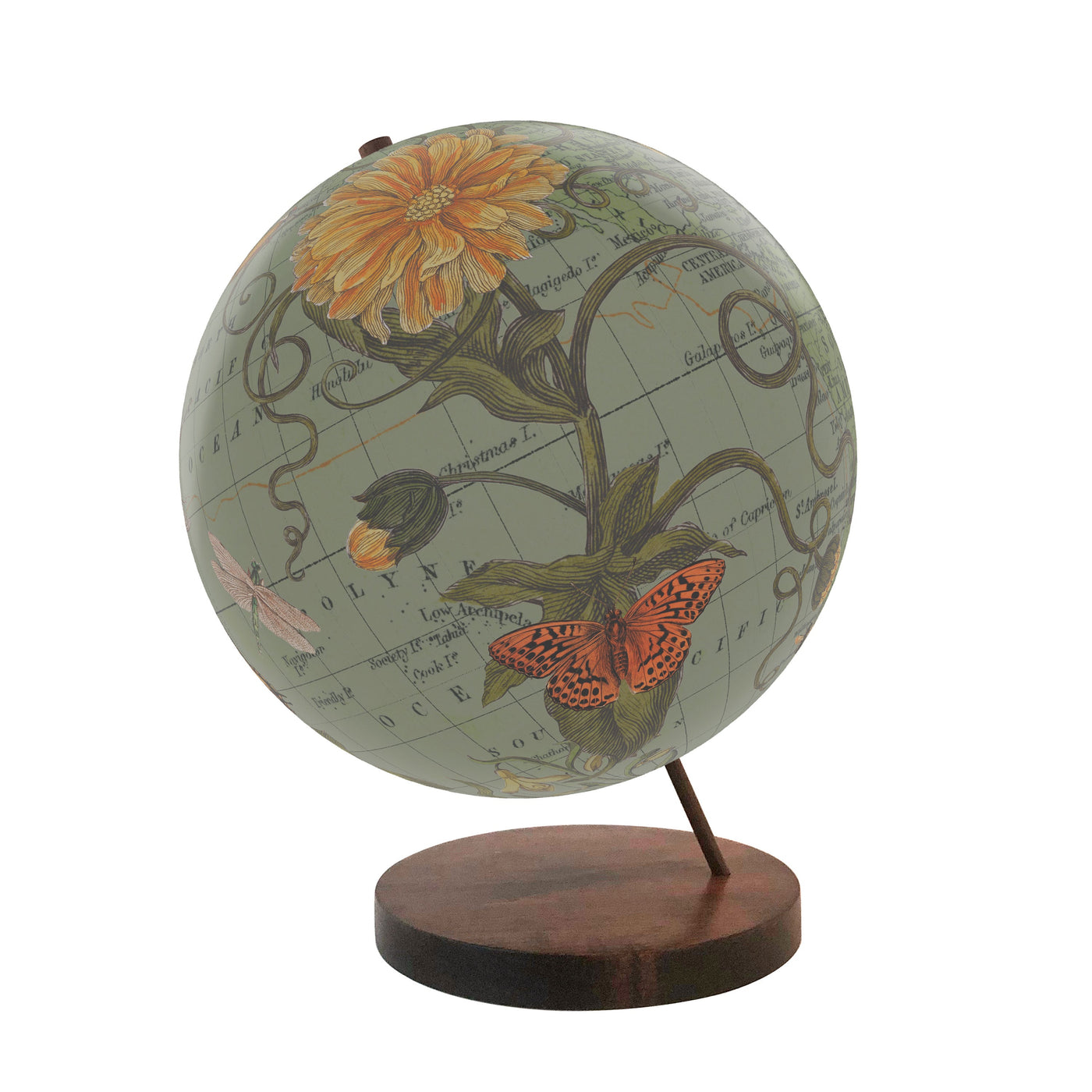 Botanical Delights Personalized World Globe Art walnut base