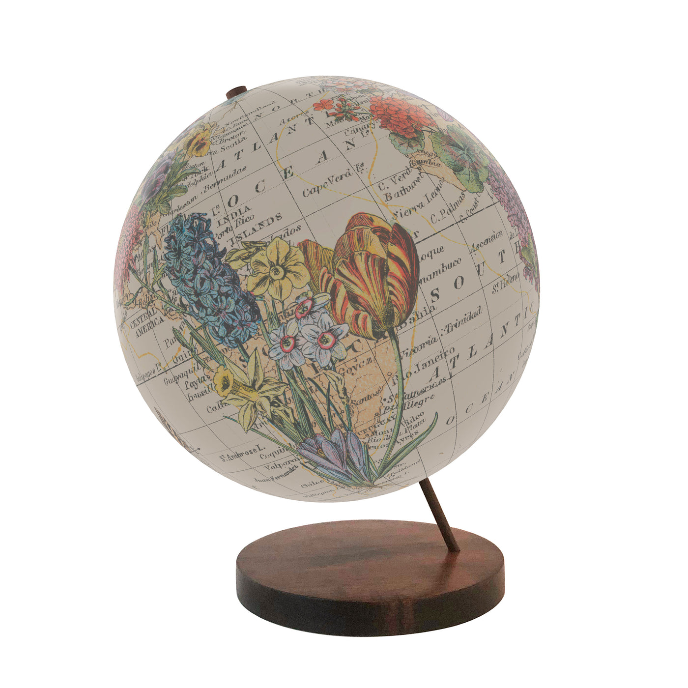 Floral Bouquet Personalized World Globe Art walnut base