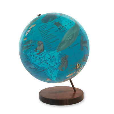 Endangered Ocean Species Globe – Marine Conservation Art walnut base