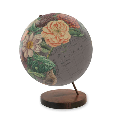 Flora and Fauna Collaged World Globe Art walnut base