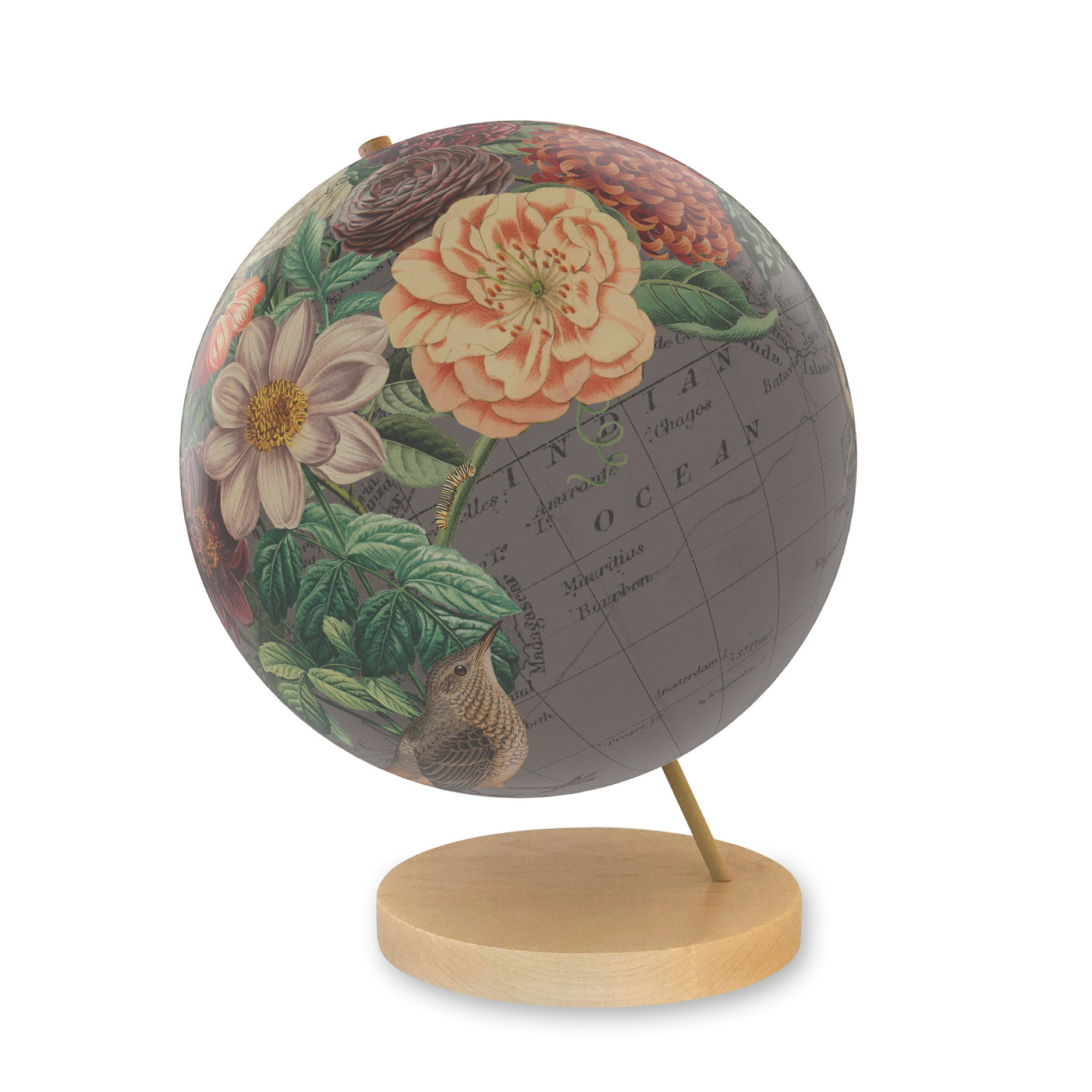 Flora and Fauna Collaged World Globe Art maple base