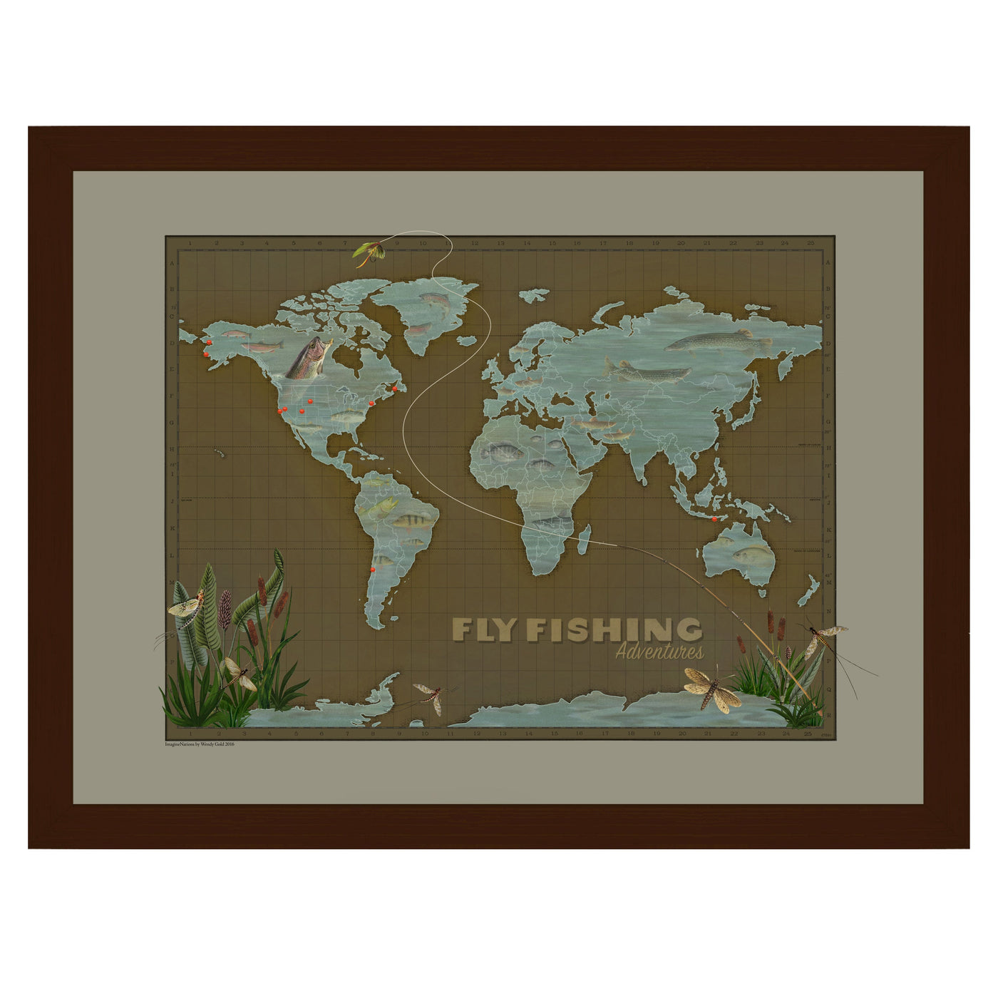 Fly Fishing World Push Pin Travel Map un-customized