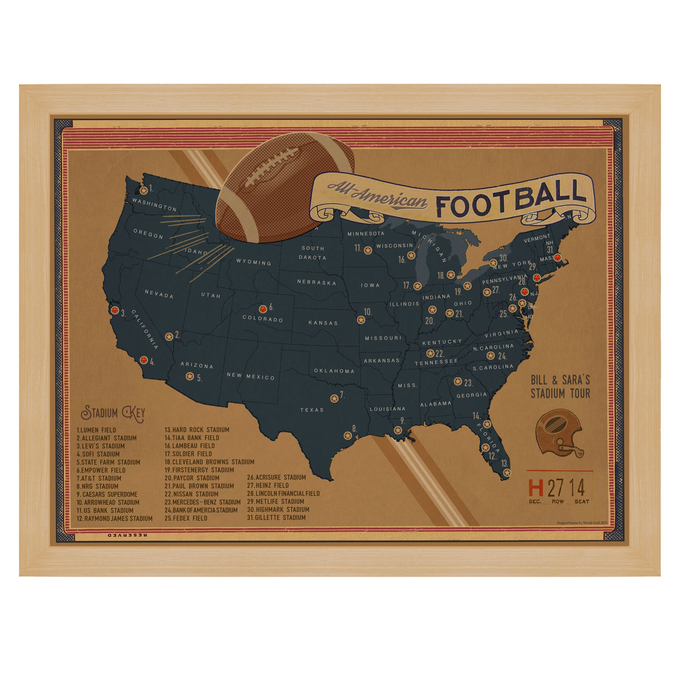 USA Football Stadium Pin Map Framed