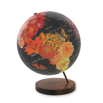 Full Bloom Collaged World Globe Art walnut base