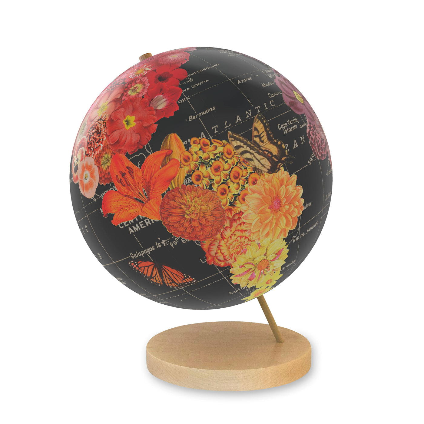 Full Bloom Collaged World Globe Art maple base