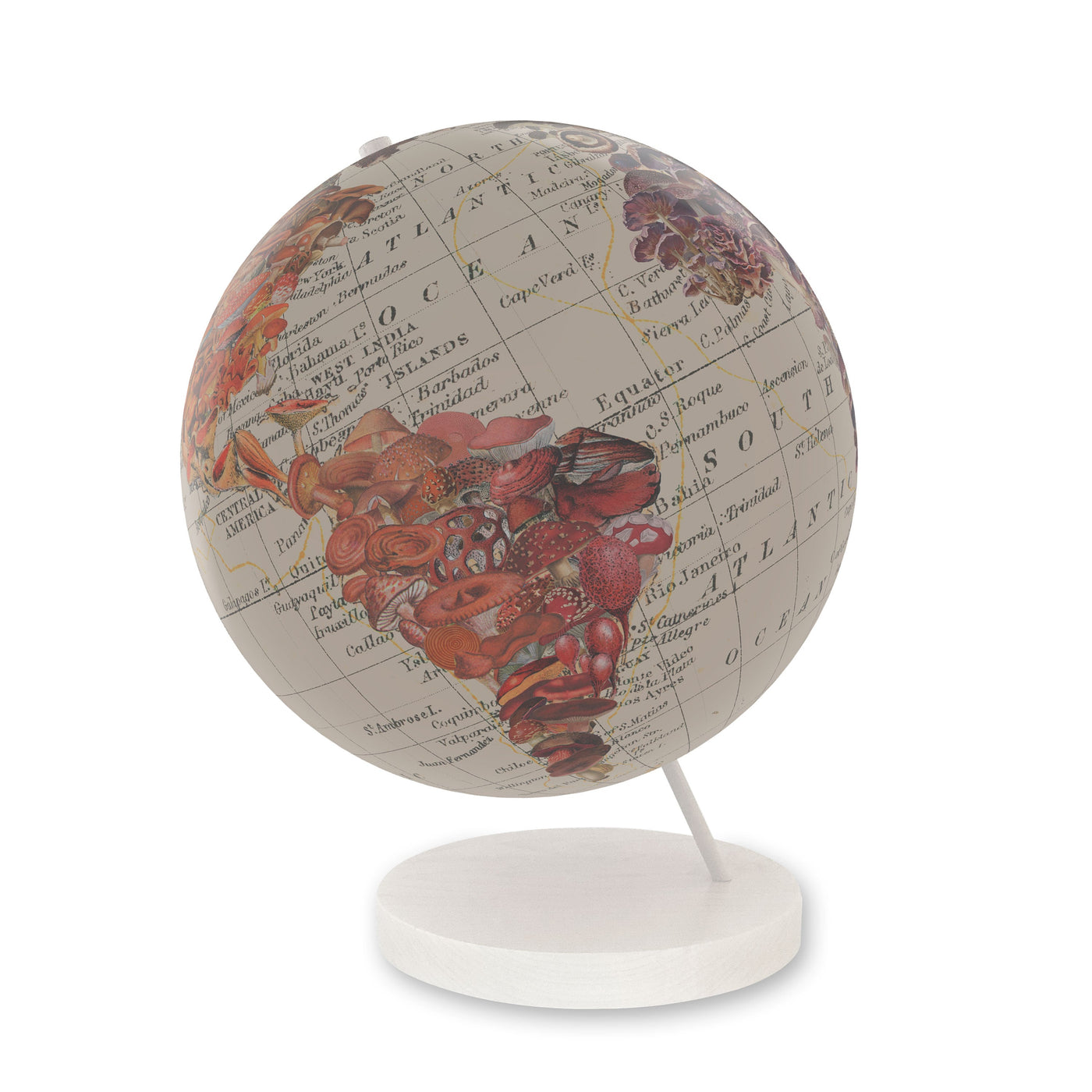 World of Mushrooms Collaged Globe Art white base