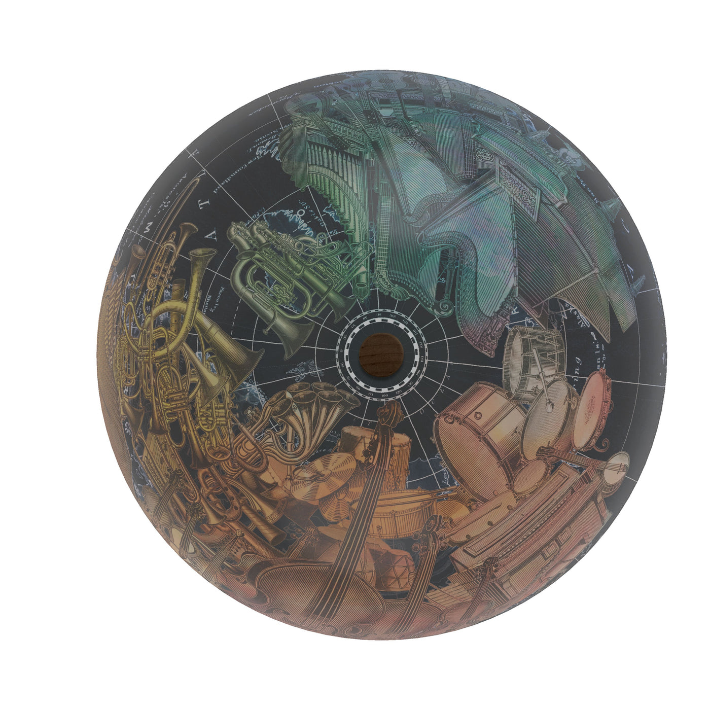 World in Harmony- Personalized Collaged Music Globe Art top viewe