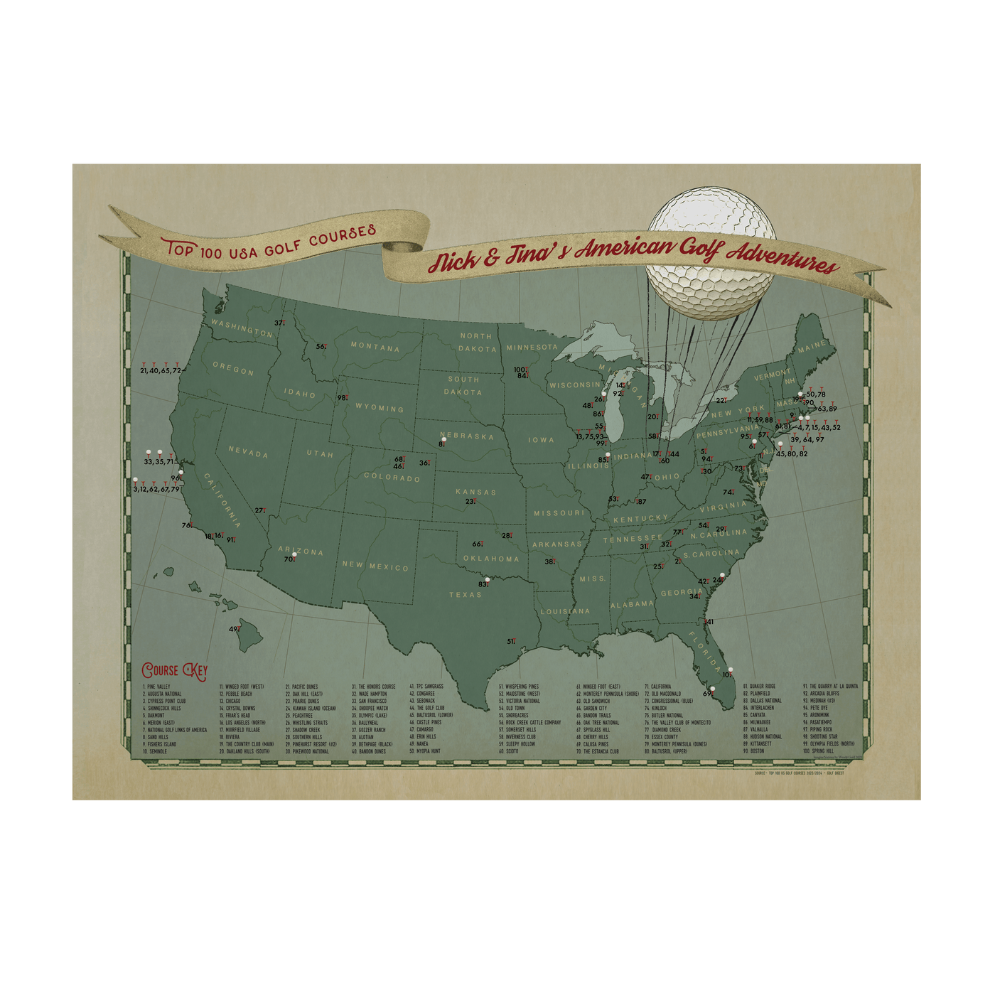Top 100 US Golf Courses Push Pin Travel Map Private transparent | all:transparent