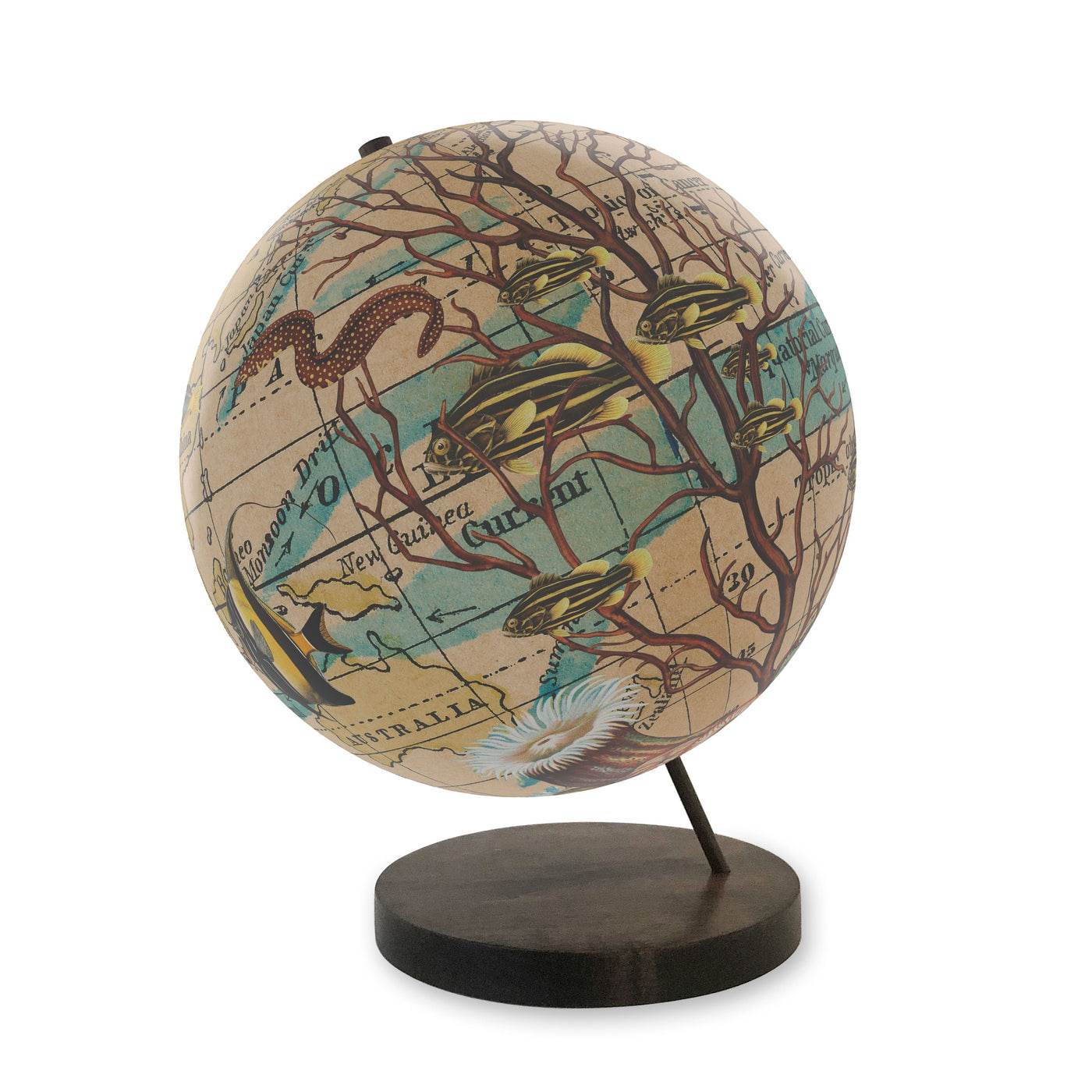 Ocean Currents Collaged World Globe Art ebony base