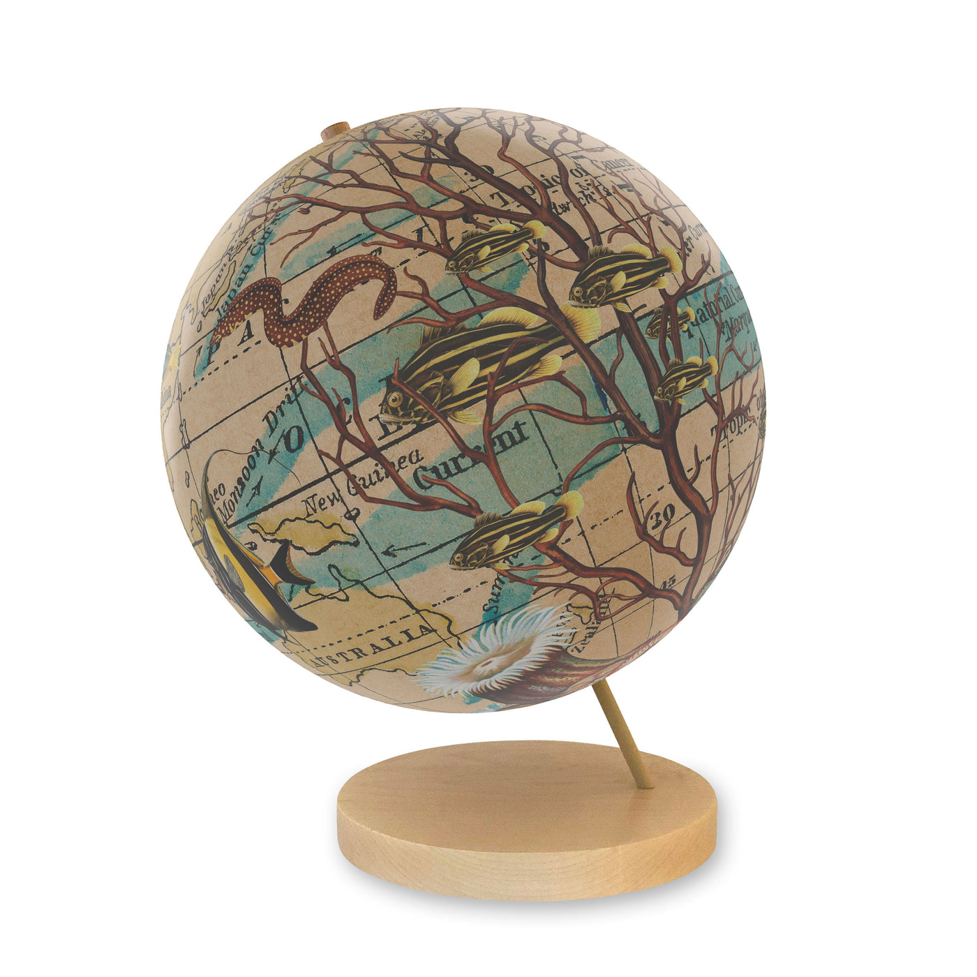 Ocean Currents Collaged World Globe Art maple base