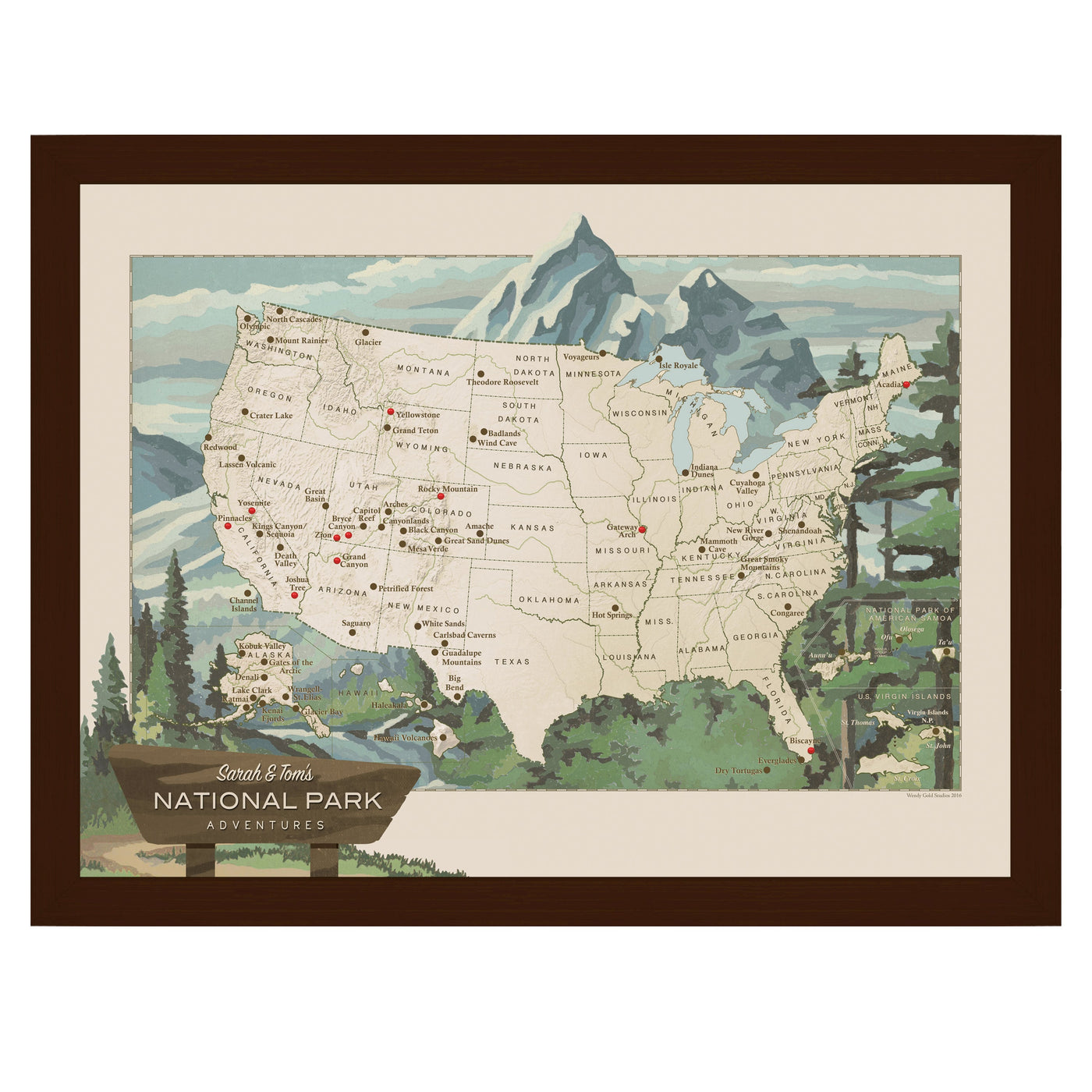 National Parks USA Push Pin Map framed espresso