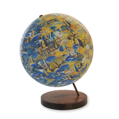 Collaged School of Fish World Globe Art walnut base