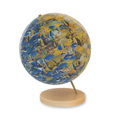 Collaged School of Fish World Globe Art maple base