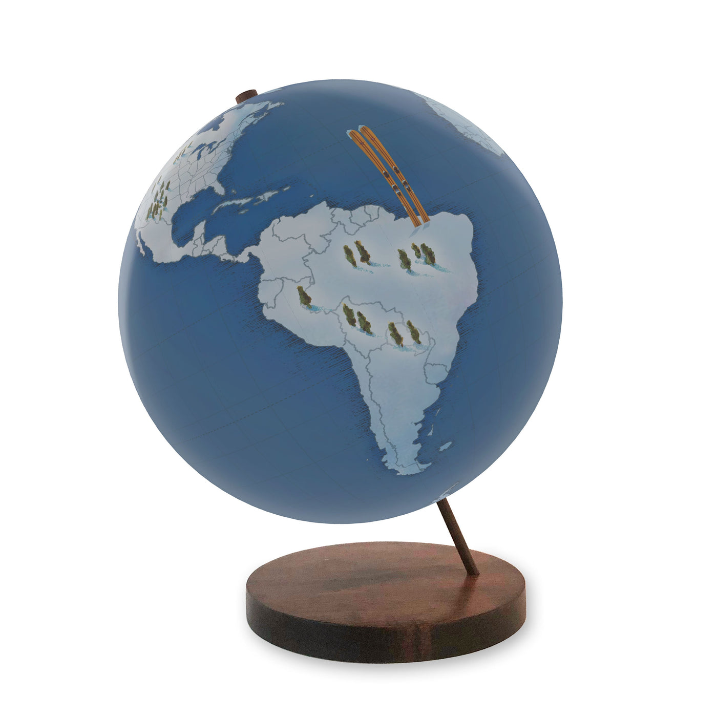 Ski the World Personalized Globe Art walnut base