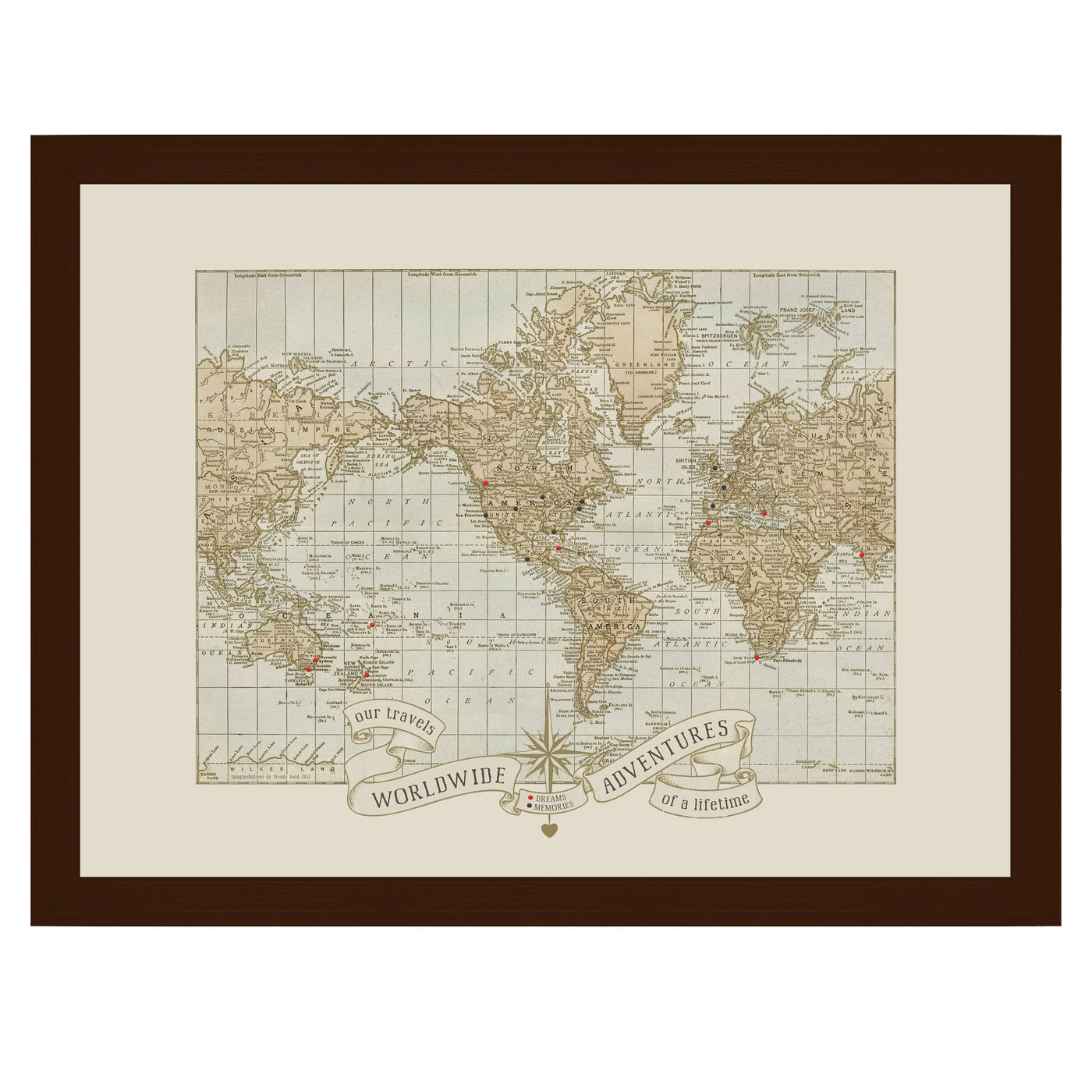 Personalized Wedding Anniversary Push Pin World Map uncustomized | Vintage