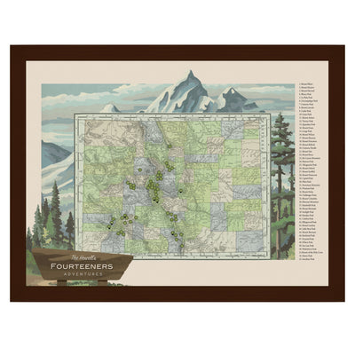 Colorado Fourteeners Mountain Hiking 14ers Push Pin Map framed