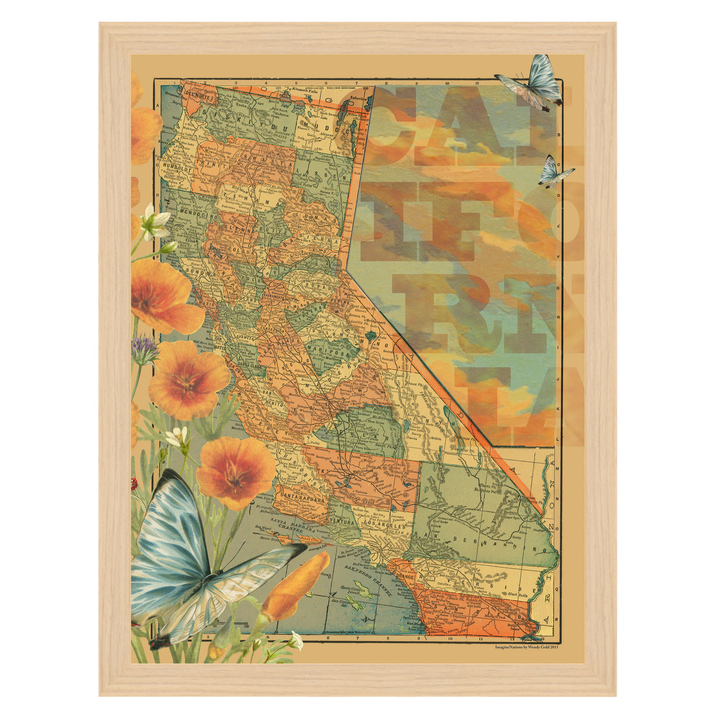 Vintage California Collage Map Art framed