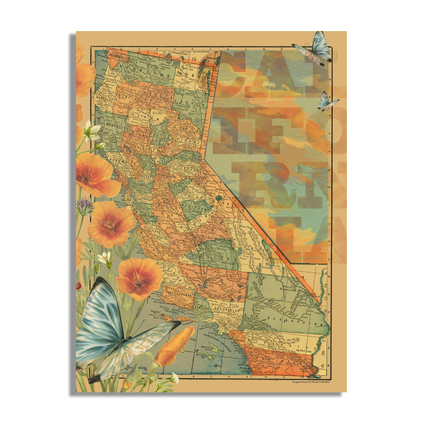 Vintage California Collage Map Art stretched canvas