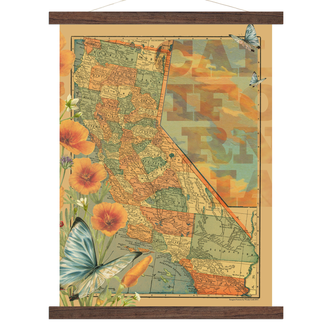 Vintage California Collage Map Art wood bound canvas