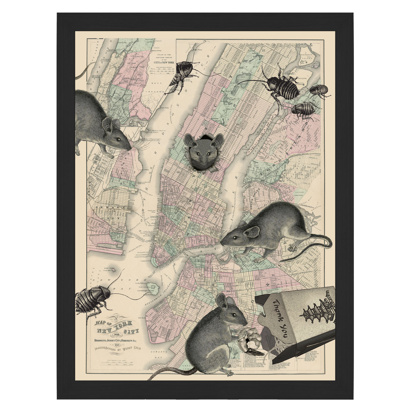 New York City Rats Map Collage Art framed