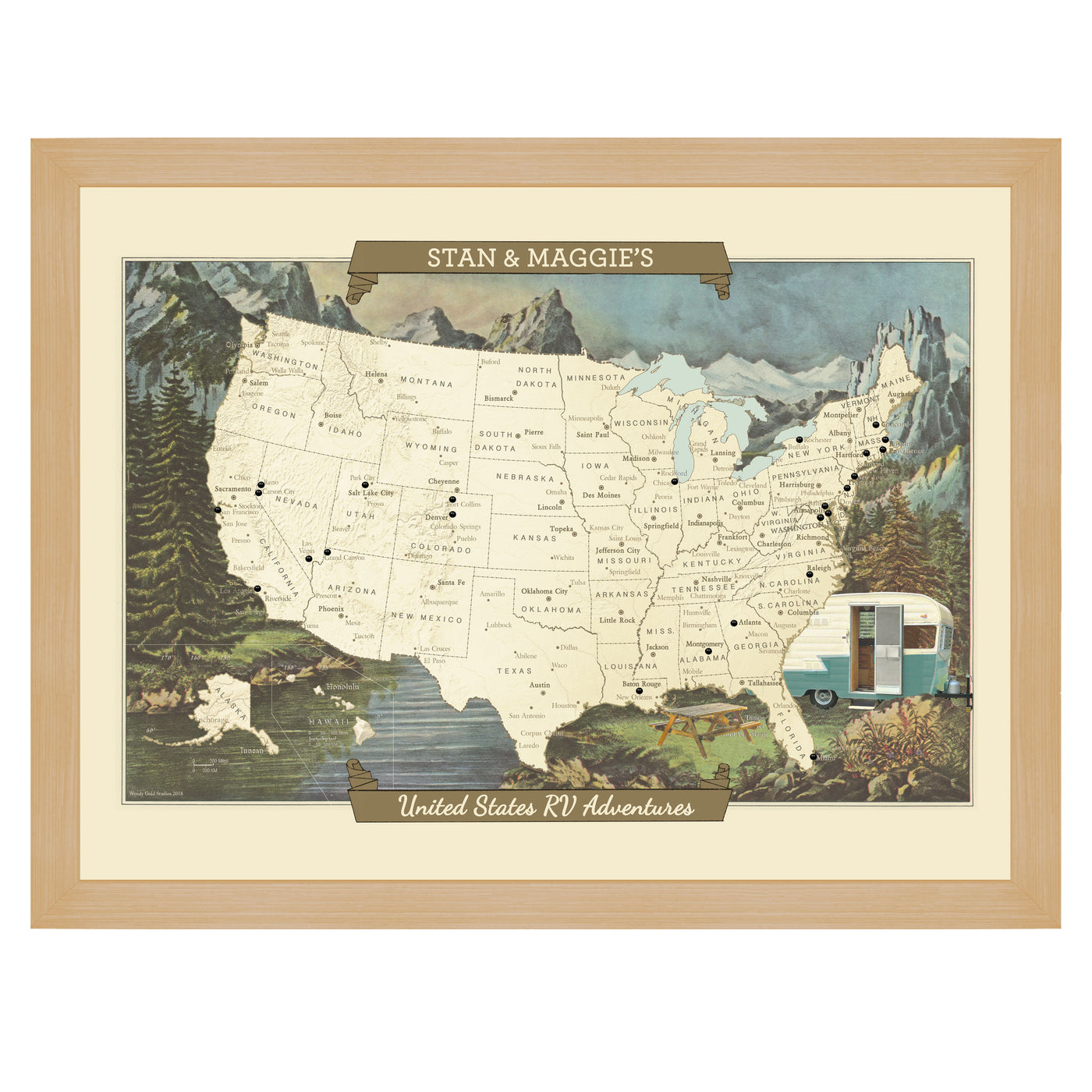 Personalized RV & Camping USA Push Pin Travel Map framed