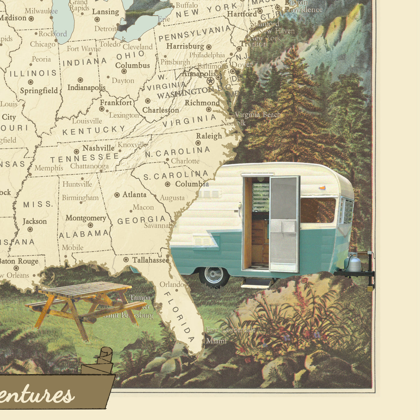 Personalized RV & Camping USA Push Pin Travel Map closeup