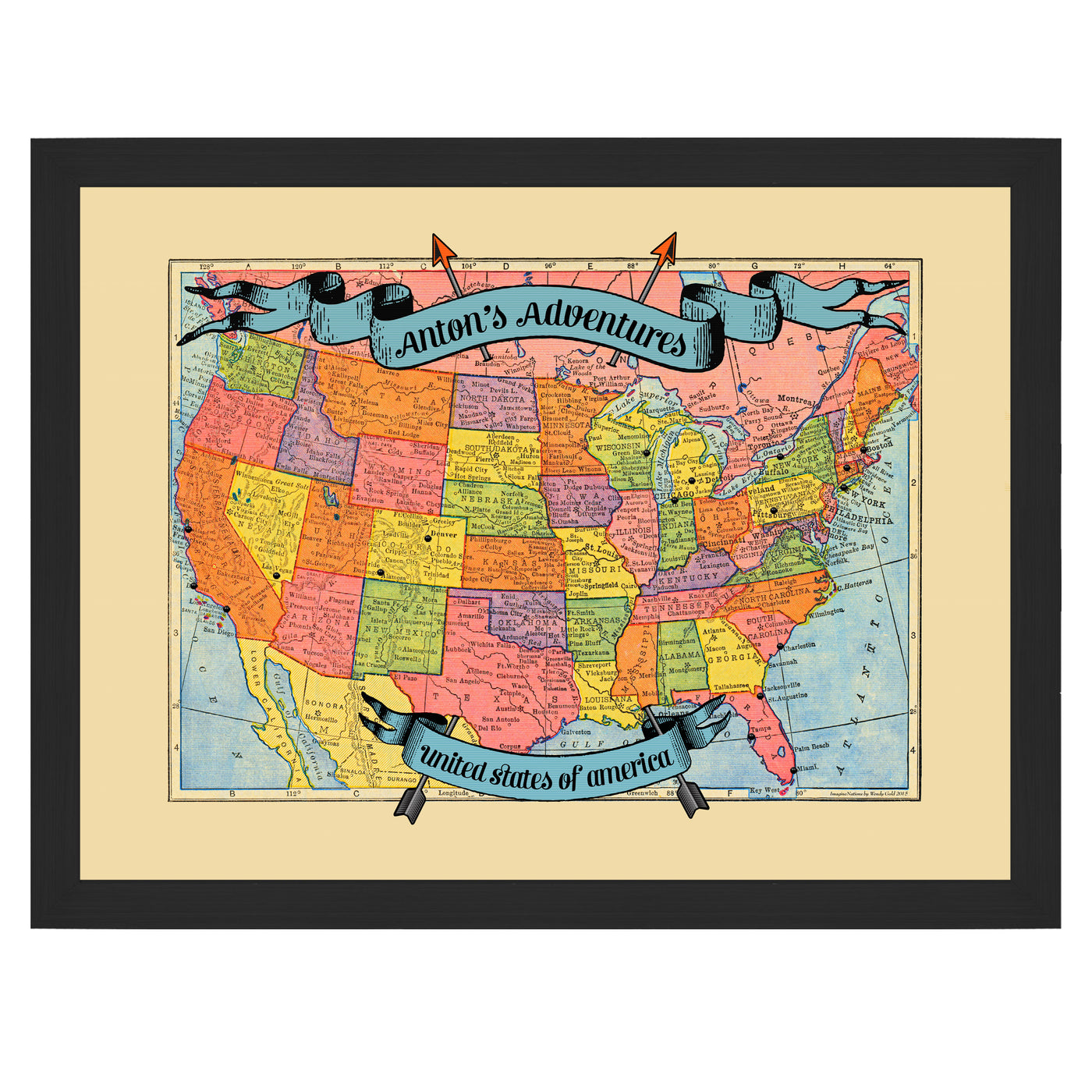 USA Adventures Travel Map with Pins framed