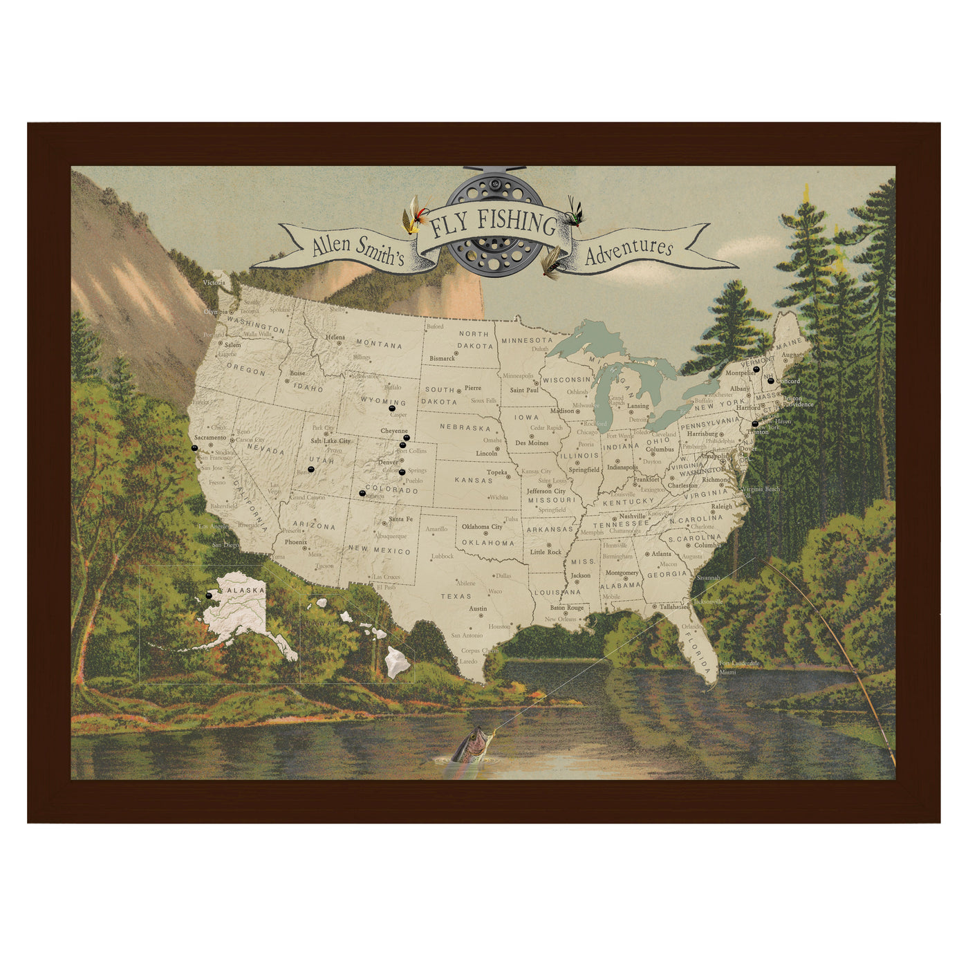 Personalized Fly Fishing USA Push Pin Travel Map framed