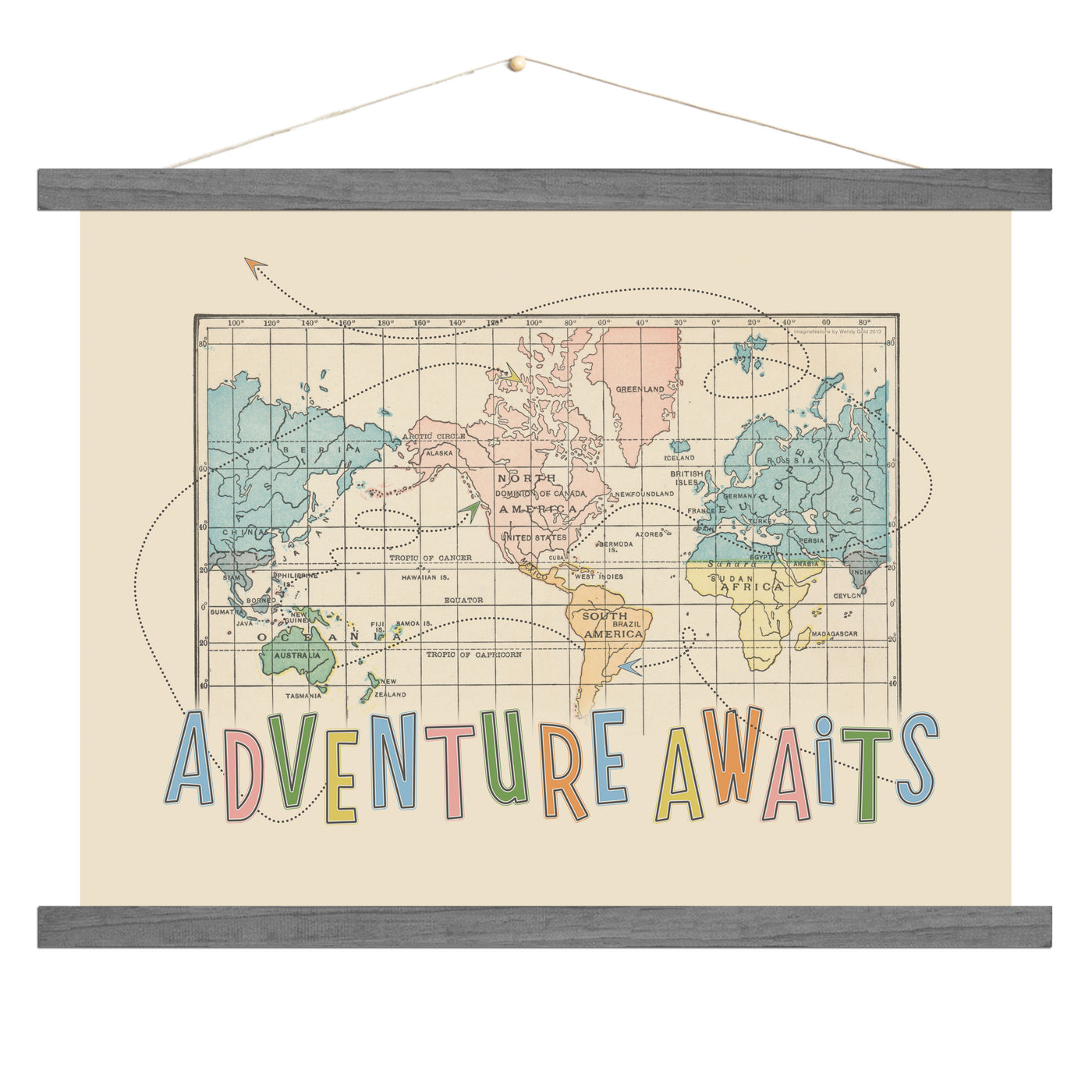 Adventure Awaits World Map Art wood bound canvas