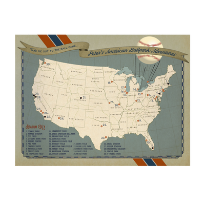 Baseball Ballpark Adventures USA Push Pin Map team colors transparent