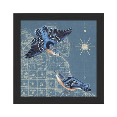 Blue Birds collaged art map framed black