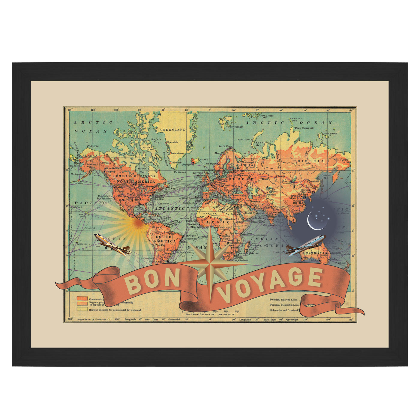 Bon Voyage World Map Art black frame