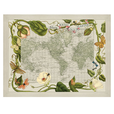 Botanical Delights Vintage World Travel Map with Pins framed