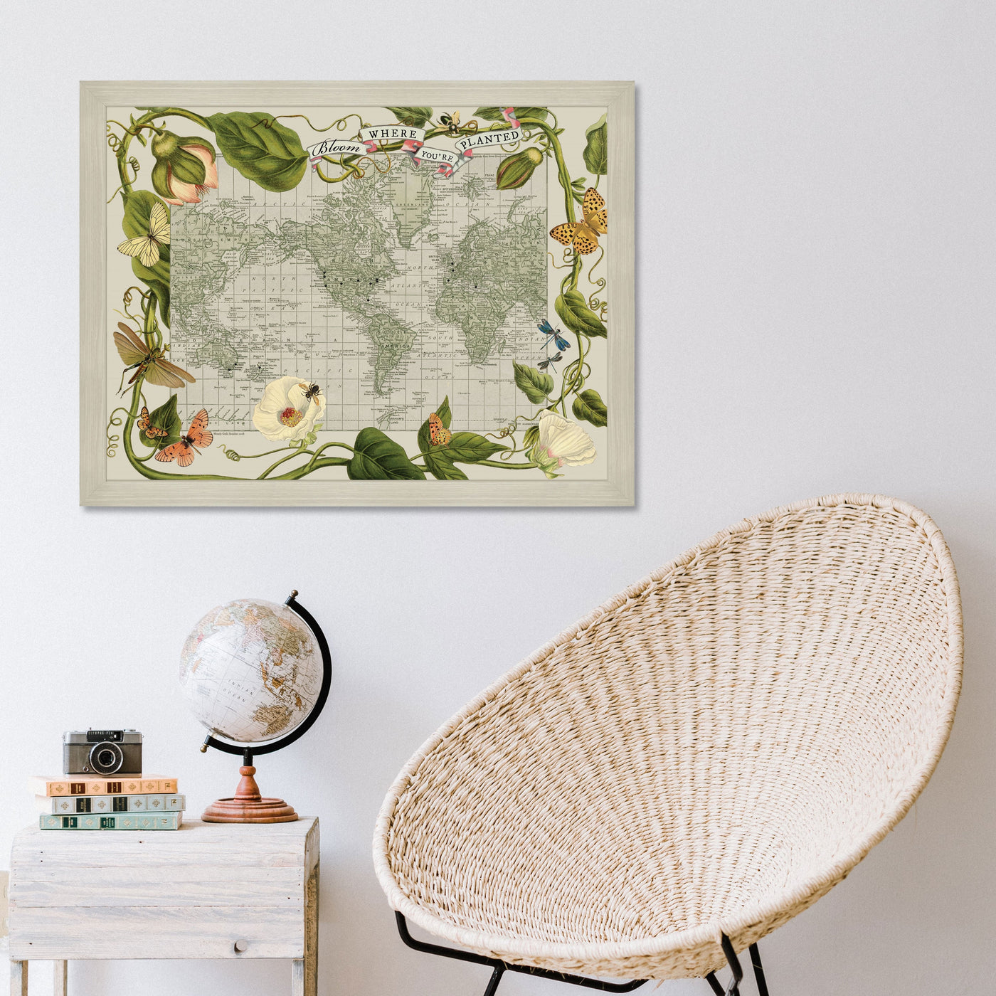 Botanical Delights Vintage World Travel Map with Pins lifestyle