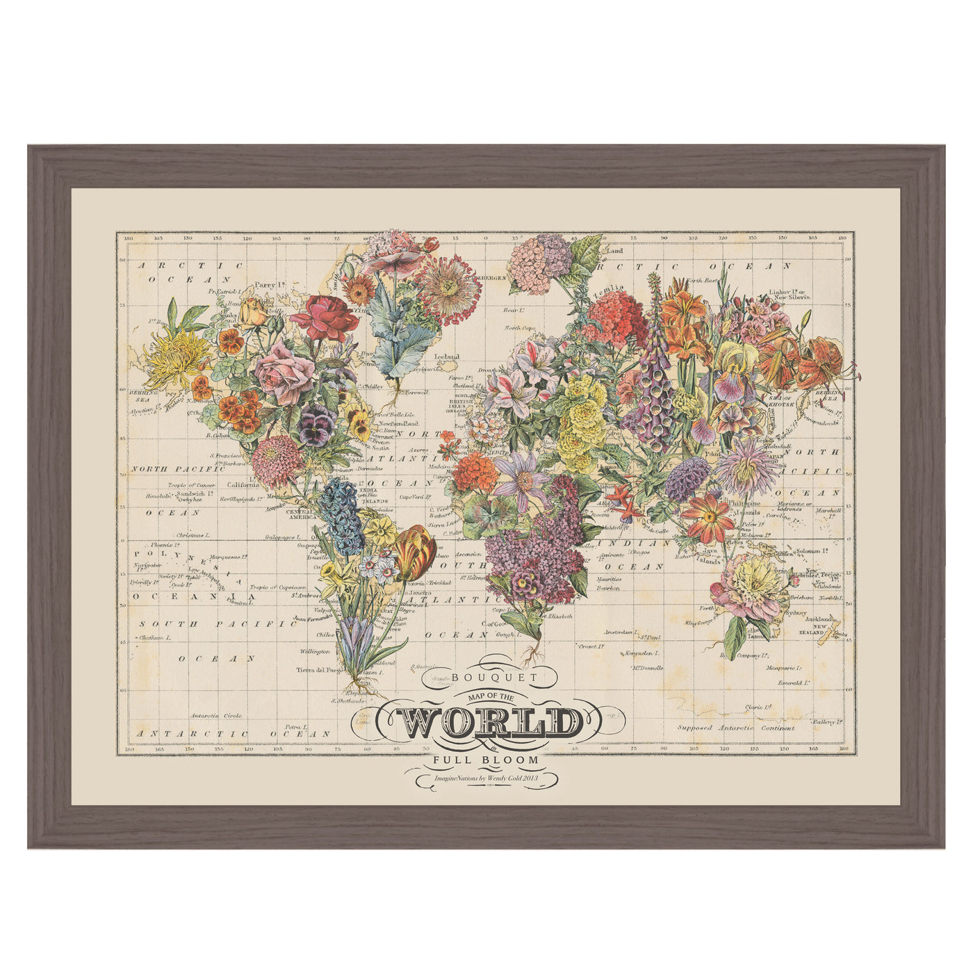 Floral Bouquet World Map Collage Art framed