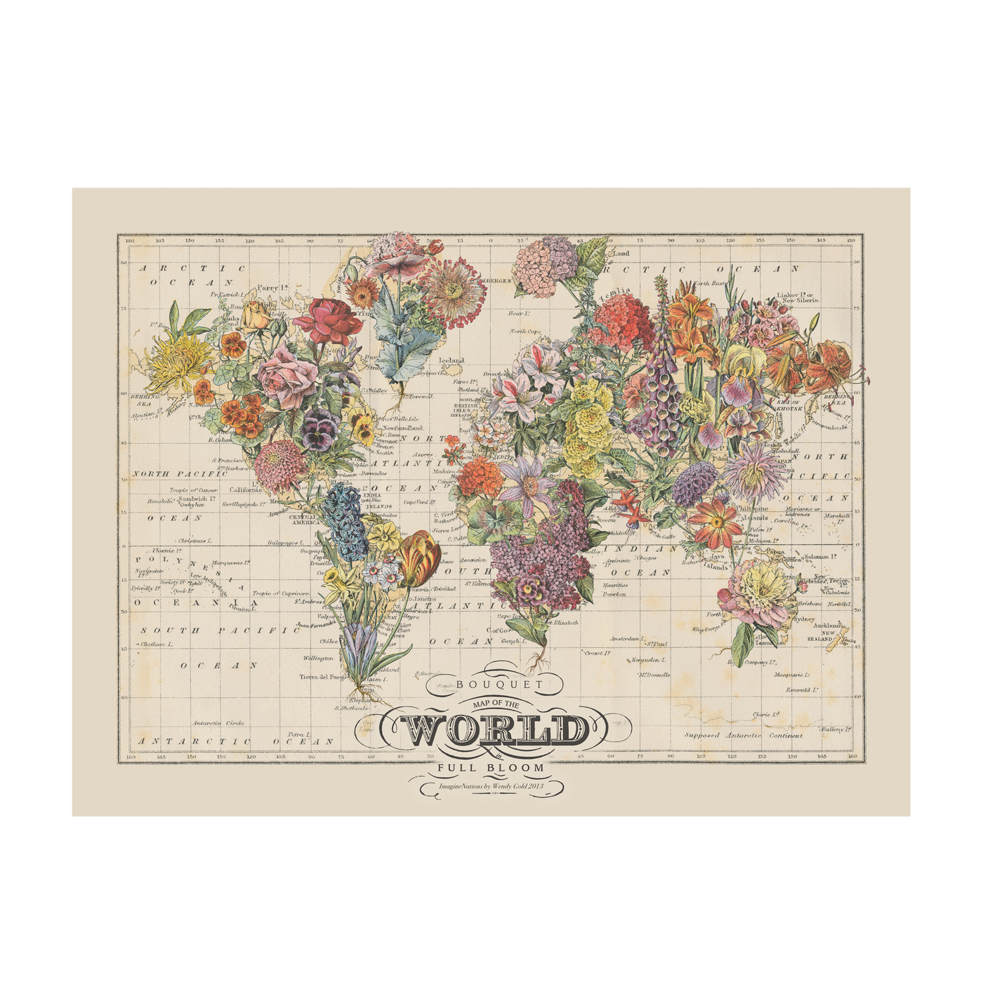 Floral Bouquet World Map Collage Art transparent | all:transparent