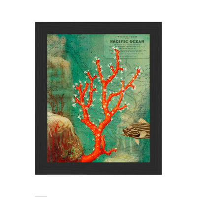 pacific coral reef collaged map art framed black